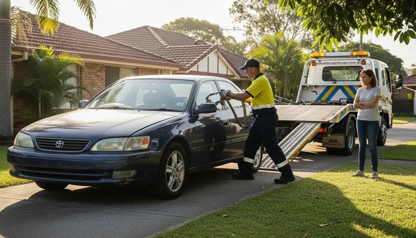 old car loading to the towing truck while customer is watching