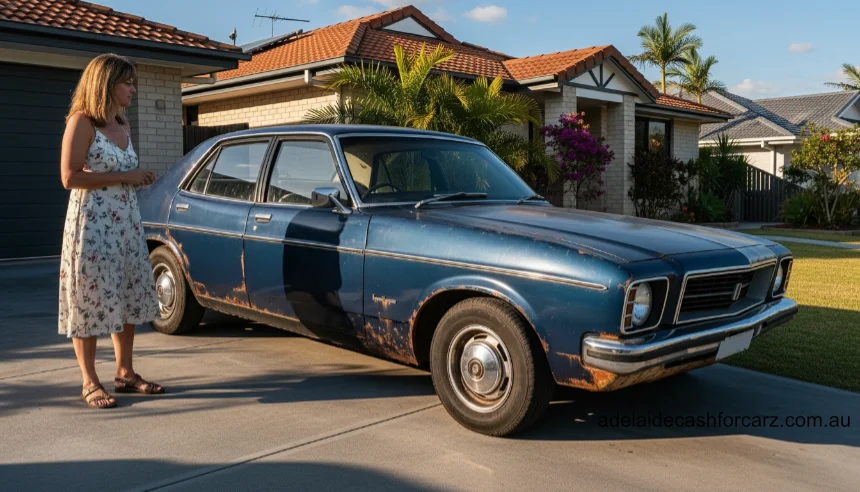 old car owner looking at car