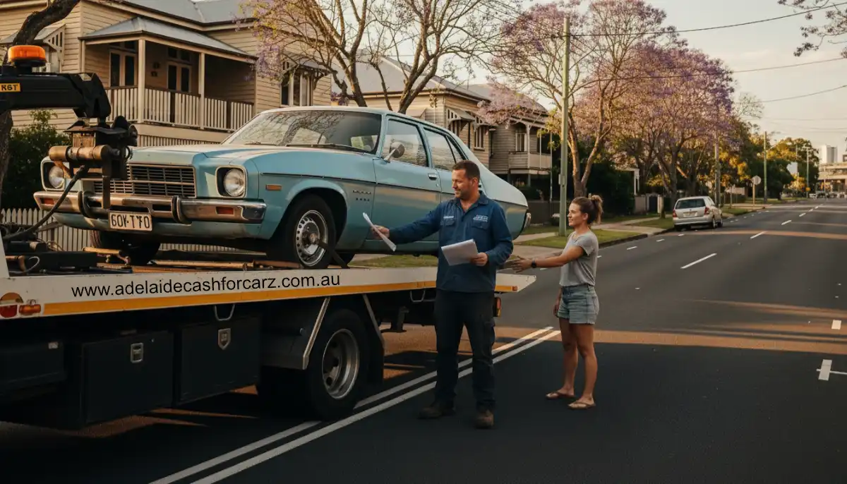 The towing truck driver showing paperwork to the car seller